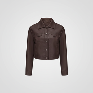 Chaqueta de bombardero de piel sintética recortada para mujer Permium, abrigo con forma Retro a presión y bolsillo con solapa y cuello vuelto OEM - Product Image 1