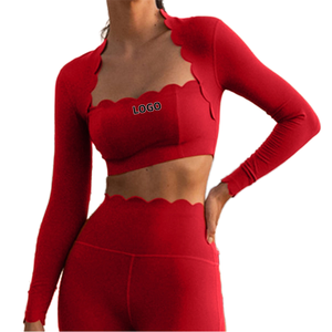 Ensemble 2 pièces personnalisé avec logo : Crop top à manches longues et leggings taille haute respirants, grande taille, vêtements de sport très extensibles pour fitness, yoga et pilates - Product Image 1