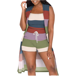 Women's Casual 3-Piece for Lounge <b>Sets</b> Ribbed Sleeveless Kimono Cardigan Vintage Tank Crop Tops Bodycon Shorts Tracksuit - Product Image 4