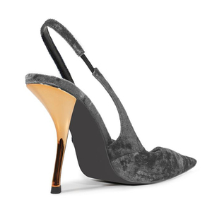 Zapatos de tacón de aguja dorados personalizados para mujer con correa trasera, de pana, tipo slingback, sandalias de vestir con punta. - Product Image 6