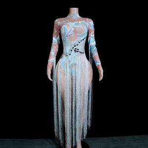 Exclusivo Body de Spandex/Algodón con Estampado de Tinta Acuática y Pedrería, Cuello Alto, Vestido de Baile con Flecos Largos, Ropa Profesional para Espectáculos - Product Image 1