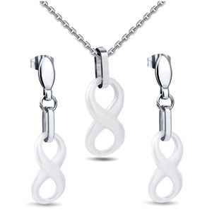 Ensemble collier et boucles d'oreilles en acier inoxydable pour femme, bijoux de mode, design géométrique, pendentif en porcelaine blanche - Product Image 1