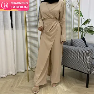 6388 # 소프트 랩 프론트 긴 소매 디자인 벨트 2 조각 간단한 캐주얼 이슬람 Abaya 숙녀 드레스 바지 Jumpsuit