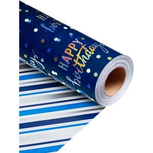 Rollo de Papel de Regalo de Cumpleaños Azul Metálico Holográfico, Papel de Regalo Reversible con Rayas, 46.5 Pies Cuadrados - Product Image 1