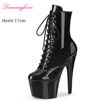 Bottines à plateforme pour femmes en cristal scintillant rose 17 cm/7 pouces, talons hauts, chaussures de danse sur barre pour soirée