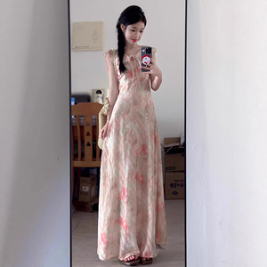 Robe longue décontractée pour femme, style coréen, imprimé floral, col en V, taille empire, pour le quotidien, été 2026 - Product Image 4