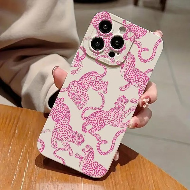 Ins Style Shockproof Soft Silicone Cover Pink Leopard Pattern Phone Case for iPhone 16 15 Pro Max 11 XS XR 7 8 Plus SE 2020