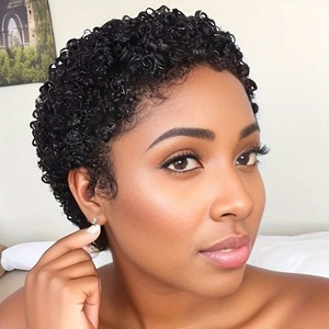 Perruque en cheveux humains Remy courts bouclés de couleur noire naturelle de 4 pouces, perruque en cheveux humains fabriquée à la machine, perruque en cheveux humains coupe <span class=keywords><strong>pixie</strong></span> pour femmes - Product Image 6