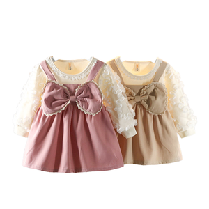 Meisjesjurk met zoete print, effen kleur, O-hals, katoen, A-lijn, knielengte, lange mouwen, prinsessenrok, babykleding, lente 2026 - Product Image 1