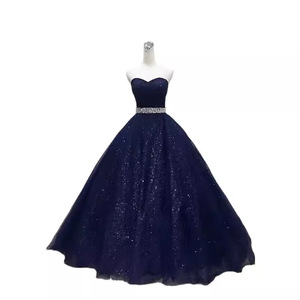 Navy Blue Strapless Sweetheart Ball Gown Organza Evening Dress For Banquet Wedding Toasting - Product Image 5