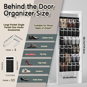 Over The Door <b>Shoe</b> Organizer 30 Pockets Breathable Mesh Hanging Storage For Men Women Black Closet Rack With Stainless Steel - Product Image 3