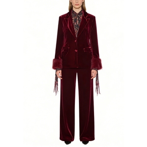 Conjunto de 2 Piezas de Blazer y Pantalones Anchos de <span class=keywords><strong>Terciopelo</strong></span> para <span class=keywords><strong>Mujer</strong></span> - Puños de Piel Sintética con Plumas, Conjunto Formal Sehe Fashionbisou - Product Image 1