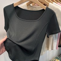 Camiseta de verano para mujer con cuello cuadrado, manga corta, dobladillo curvo, escote amplio, ajuste ceñido, diseño de espina de pescado, teñido liso, color sólido, larga