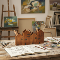 Organisateur de bureau de luxe en bois teinté en forme de maison pour l'organisation de suite de direction, grand présentoir de papeterie de bureau