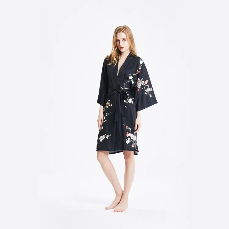 Wholesale breathable mrs hand painted cocoon silk kimono robe floral with side split