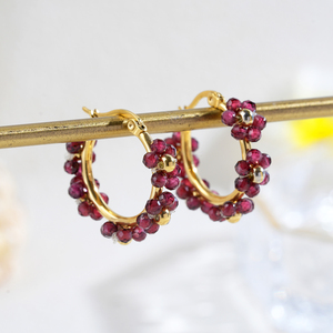 Gold Plated Hoop <b>Earrings</b> With <b>Garnet</b> Beads Women's Classic Everyday Wear Jewelry - Product Image 2