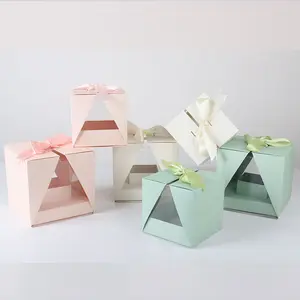 Caja de regalo de papel de embalaje rosa, cinta de mano transparente, flor eterna, plegable
