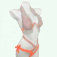 Ensemble de bikini scintillant pour femme avec strass et diamants, maillot de bain couleur unie populaire, soutien-gorge sexy pour femme, tenue de danse exotique rose sexy