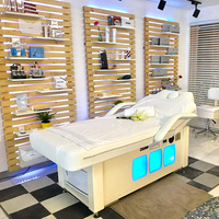 Table de massage automatique moderne de luxe, élévation électrique, chaleur, musique, vibration, haut-parleur Bluetooth, pliable, bois, cuir, hôtel, salon, spa