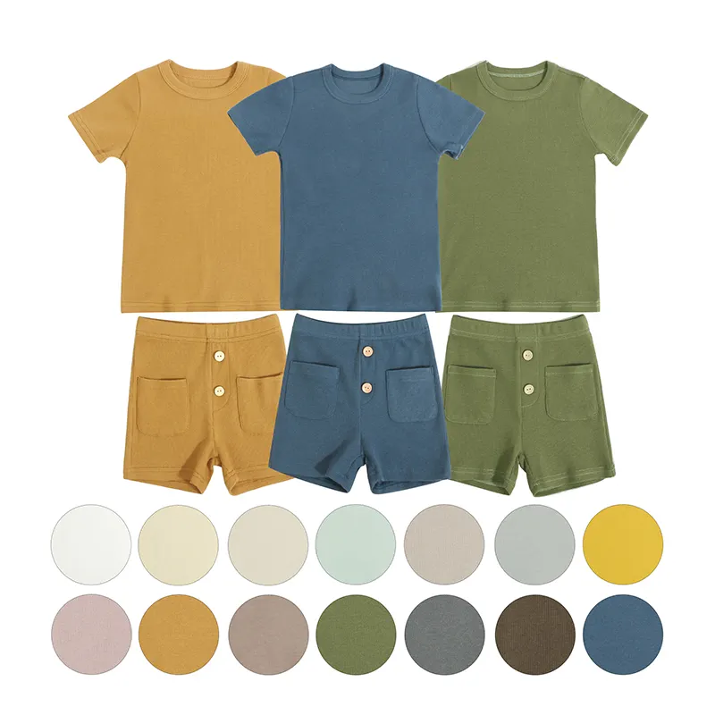 New design rib children's suit Solid color short sleeve infant set wholesale shorts pocket baby boy girl clothing