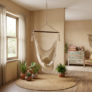 Handwoven Cotton Rope Hammock Chair Boho Style Indoor Outdoor Swing With Tassel Coastal Design Bedroom <b>Hanging</b> <b>Seat</b> - Product Image 1