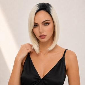 Perruque Bob Blonde Droite avec Racines Foncées, Fibre Résistante à la Chaleur, Ligne de Cheveux Naturelle, Sans Colle, Bonnet Ajustable, Couverture Complète - Product Image 5