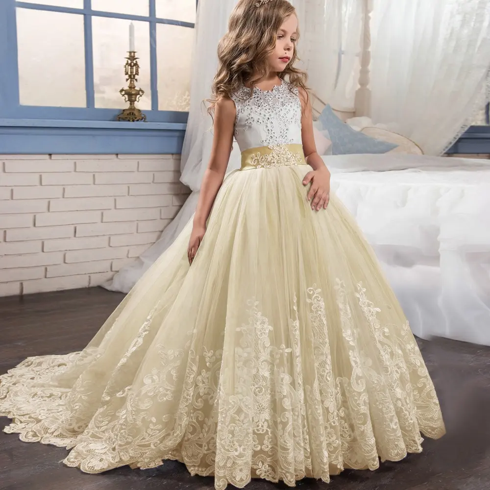 backless tulle fabric with bow yellow flower girl dress
