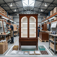 Vitrine de luxe vintage en bois pour bijoux, avec armoire de présentation en verre cintrée, éclairage LED et tiroirs de rangement pour l'affichage de bijoux en magasin.