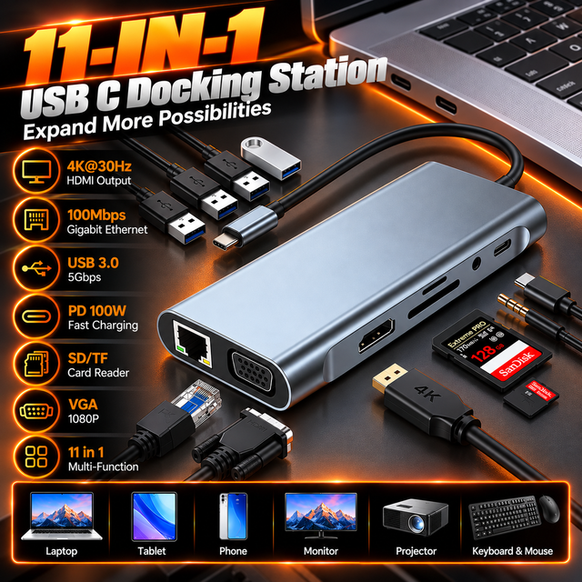 Xput 11 in 1 USB C Docking Station Multiport Type C Hub 4K HDMI VGA RJ45 Ethernet SD TF Card Reader Audio Adapter for Laptop