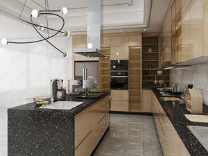 Gabinetes de Cocina Modulares Modernos de Alto Brillo, Puertas de Vidrio Marrón de Lujo, Construcción de Madera Contrachapada, Diseño Impermeable, Protector Contra Salpicaduras - Product Image 3