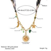 Collier à breloques style bohème en acier inoxydable plaqué or PVD 18 carats, anti-ternissement, avec foulard en soie, perles vertes soleil, lune et étoile