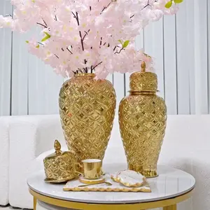 2023 new designed ceramic vase Gold Ginger Jar Lattice Design for home decor( 2 sizes)