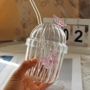 Pink Butterfly Striped Glass Bubble <b>Cup</b> With Straw 300ML 500ML Transparent <b>Cold</b> Drink Water <b>Cup</b> For Party Unisex - Product Image 4