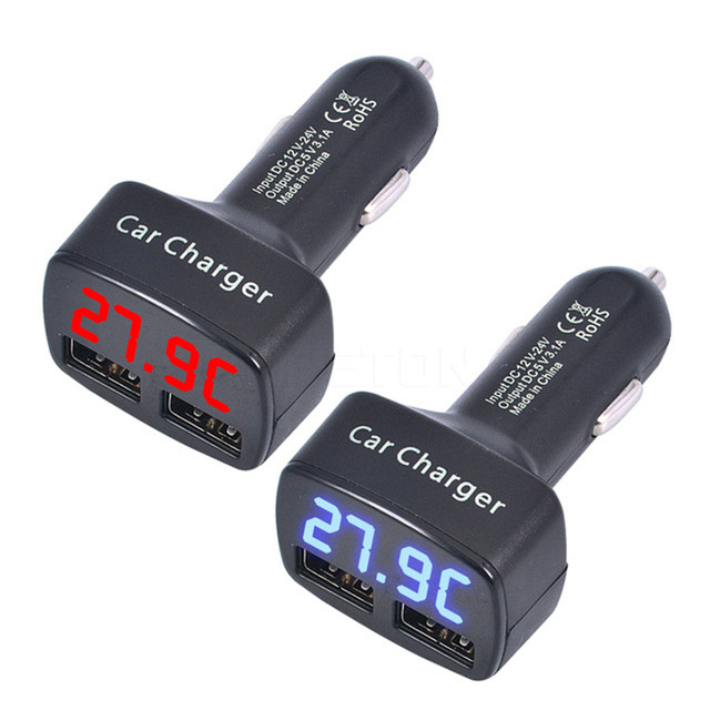 3.1A four-in-one car charging temperature display dual-usb charger on-board voltage ammeter car charger
