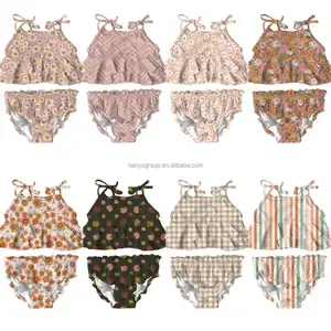 Provide custom logo Girls Bikinis Tankinis Two Piece Bathing Suits Patterned Ruffle Tankini Swim Set fabric Recyclable