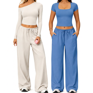 <b>Red</b> 2 Piece Yoga Set Asymmetric Off Shoulder <b>Crop</b> <b>Top</b> High Waist Wide Leg Pants With Pockets Breathable Spandex Cotton Material - Product Image 3