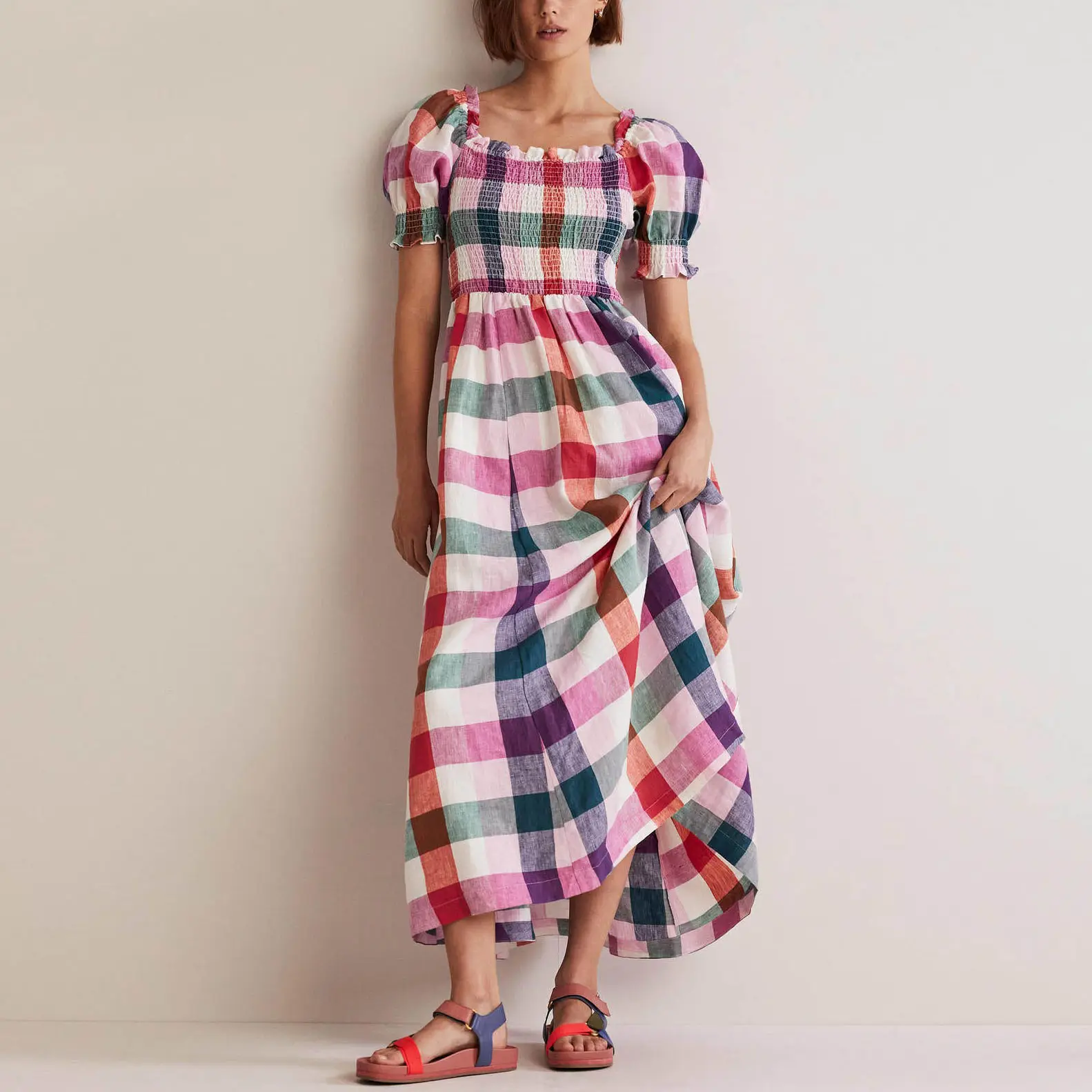 Women Dress Manufacturer Custom High Quality Summer Clothes Puff Short Sleeve Cotton Linen Red Black Plaid Maxi Dress