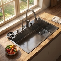 Évier de cuisine contemporain en acier inoxydable, carré, quatre trous, fait main, sans robinet, cuve unique, noir