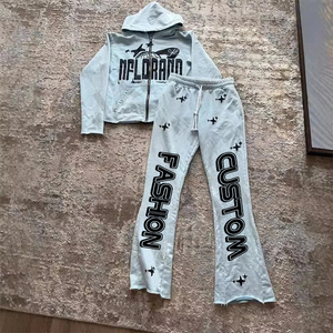 Vestuário Fabricante Logotipo Personalizado Puff Print Cotton Cuff Cut Edge Vintage Casual Homens Zip up Hoodie e Calças Quebra-Cabeçalho Conjunto - Product Image 4