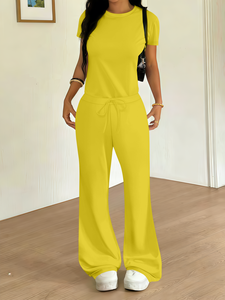 Conjunto de 2 Piezas para Mujer, Cómodo, Color Sólido, <span class=keywords><strong>Top</strong></span> de Manga Corta Suave y Pantalones Acampanados con Cintura Elástica para el Hogar, Venta al Por Mayor - Product Image 2