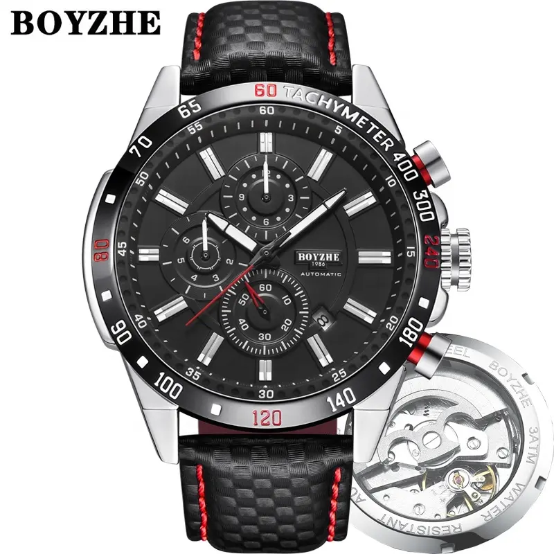 BOYZHE Factory Brand Mechanical Watch Manufacturer Customized Custom LOGO Fashionable Men's Leather Mechanical Watch
