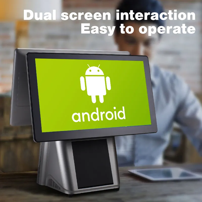 หน้าจอสัมผัสคู่ 15.6 นิ้วระบบ pos สมาร์ทเดสก์ท็อปแท็บเล็ตพีซี android ทั้งหมดในเครื่องแคชเชียร์ pos แบบไม่ต้องใช้เงินสดเดียว