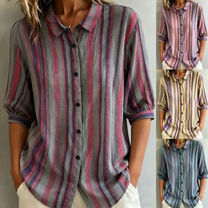 2026 New European Women Color <b>Block</b> Striped Shirt Lapel Single Breasted Half Sleeve Fashion Ladies Blouse Top - Product Image 6