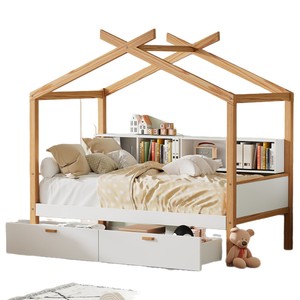 เตียงบ้านไม้สีขาวพร้อมลิ้นชักและชั้นวางหนังสือสำหรับห้องนอนเด็ก - Product Image 5