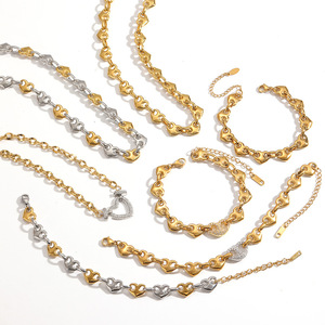 Heart Shape Stainless Steel Necklace And <b>Bracelet</b> <b>Set</b> 18k Gold Plated Clavicle Chain Unisex Everyday Wear Jewelry - Product Image 4