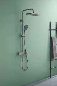 Ensemble de douche moderne carré à effet pluie, mitigeur thermostatique réglable en hauteur, laiton noir mat, pour lavabo de salle de bain, douche apparente - Product Image 3