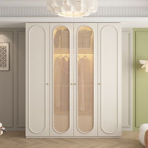<span class=keywords><strong>Armoire</strong></span> à double porte en bois massif de style français, crème, pour chambre à coucher, moderne, simple, de style mid-century, avec rangement en <span class=keywords><strong>rotin</strong></span> - Product Image 4