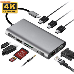 Jumon Adaptor USB 10 in 1, Adaptor Hub Multiport USB 3.0, cocok dengan VGA PD Hub USB Tipe C