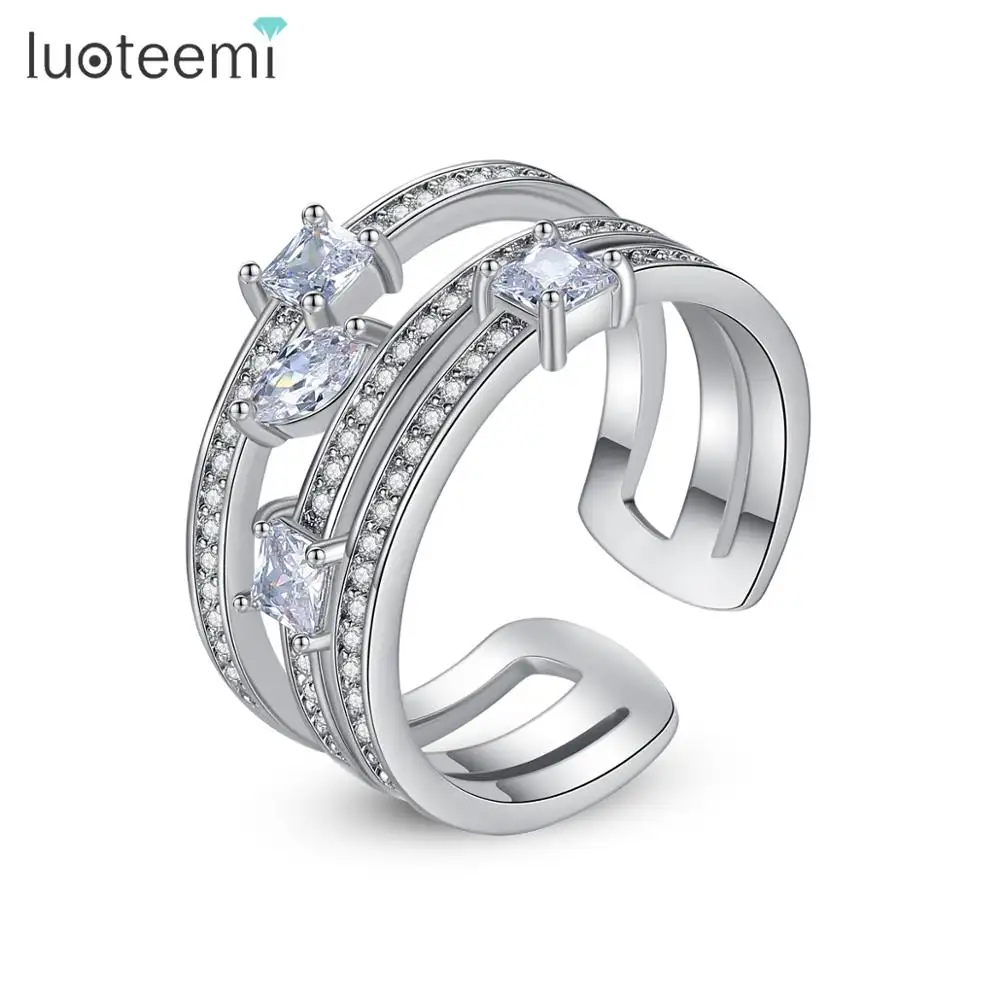 LUOTEEMI Hoge Kwaliteit Open Mentale Paar Ring met Glanzende Zirkoon voor Man Vrouw Wedding
