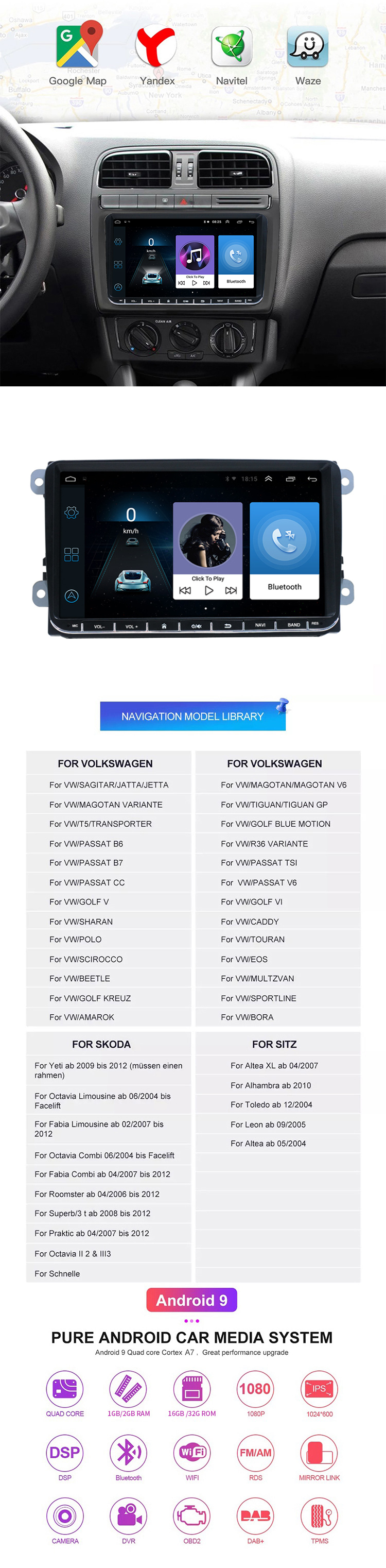 Yeanav 9'' 2 Din Android 12 Car Radio Stereo Video Autoradio GPS Wifi BT FM For Volkswagen/VW/Polo/Passat /SEAT/Toledo